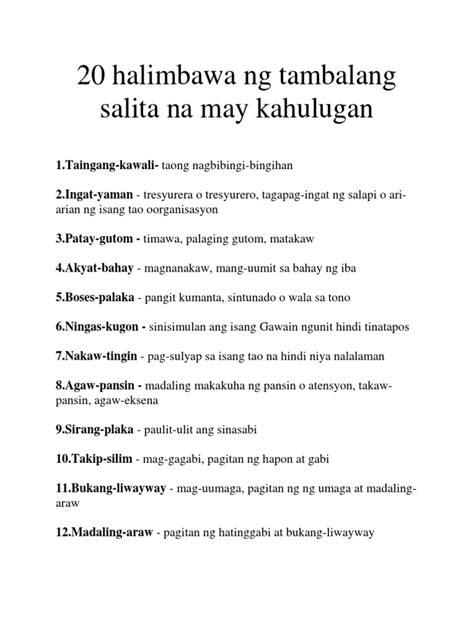 20 Halimbawa NG Tambalang Salita Na May Kahulugan .